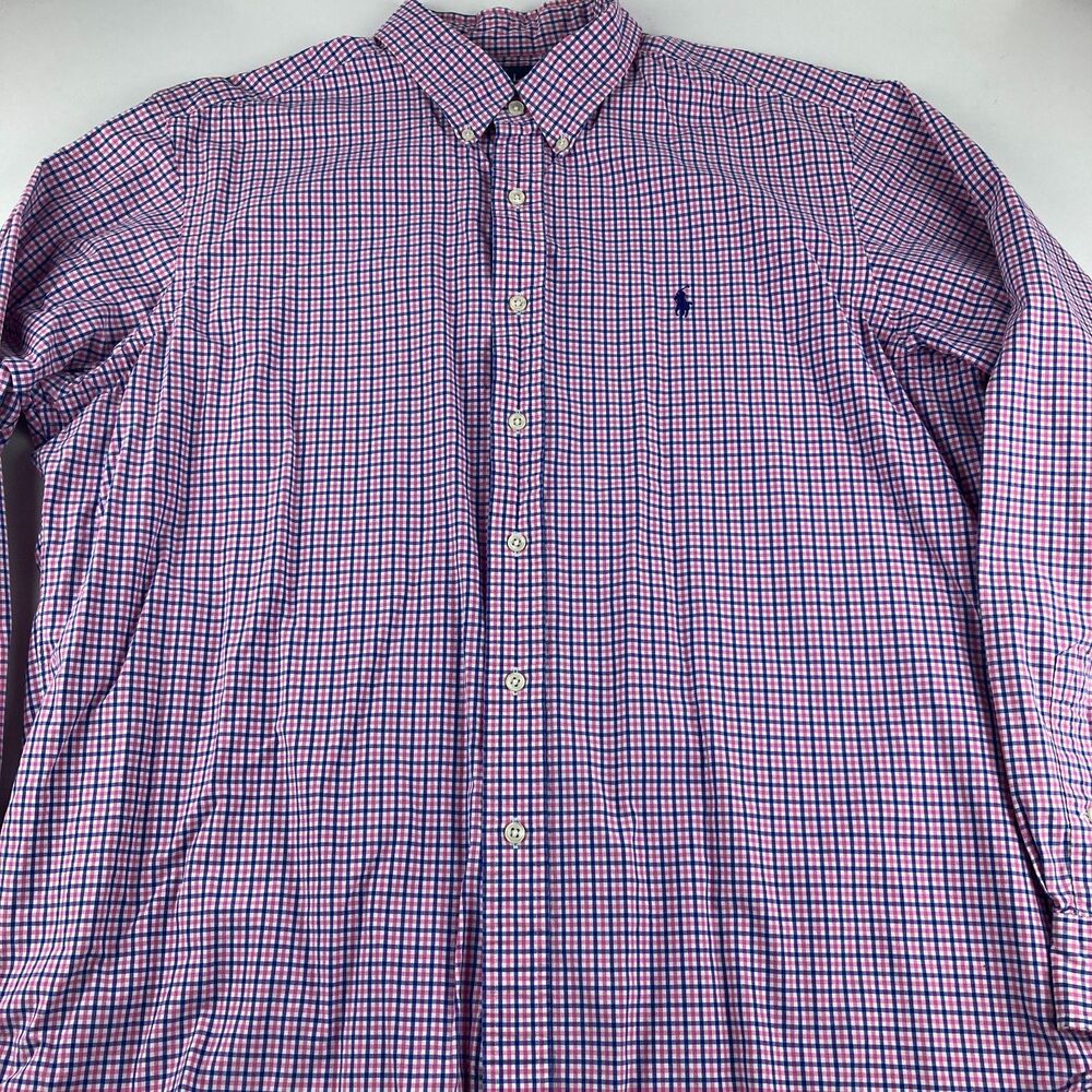 Polo Ralph Lauren Shirt Mens XL Pink Blue Check Classic Fit Long Sleeve Button D